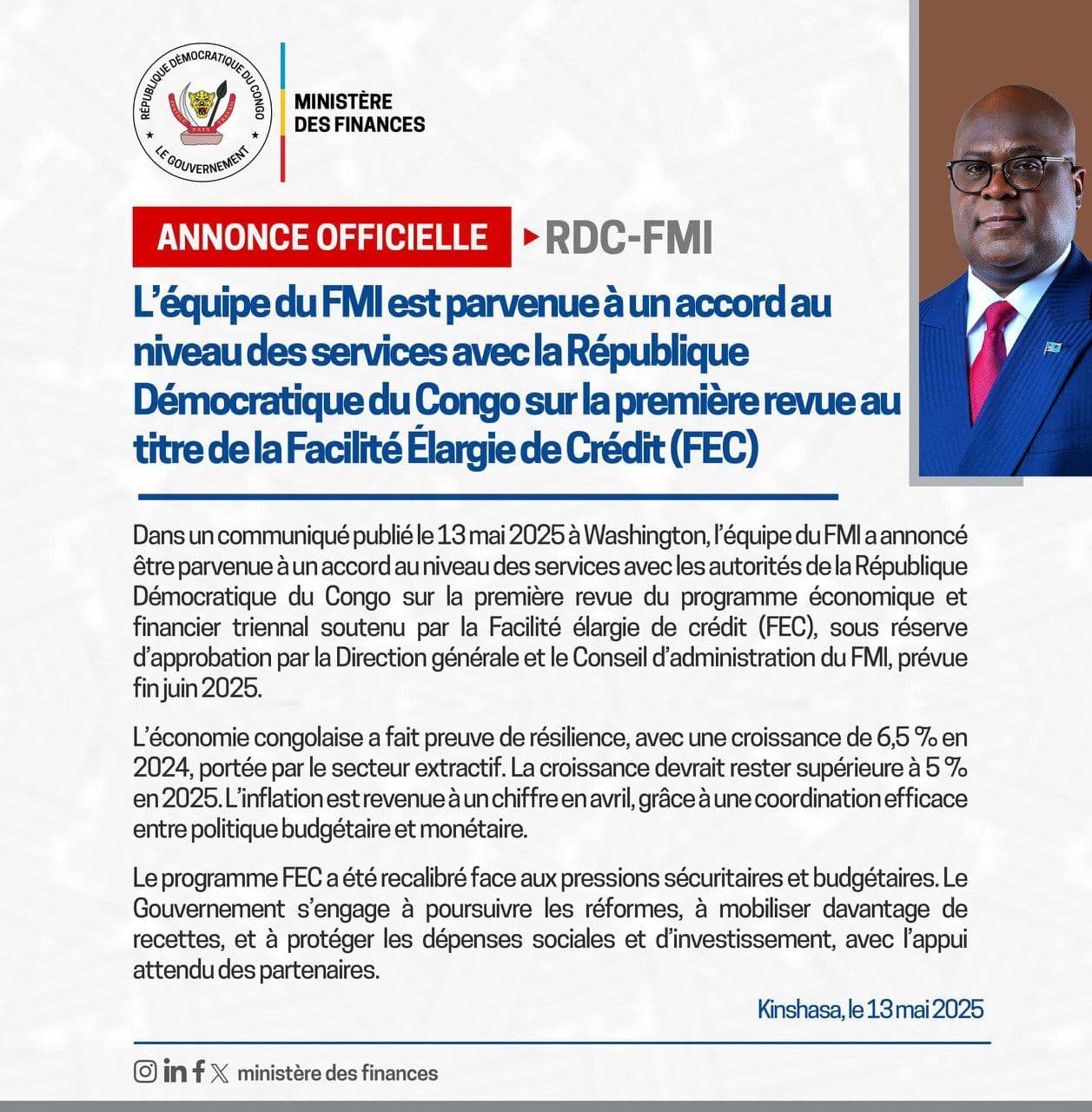 ANNONCE OFFICIELLE: RDC-FMI | Ministère des Finances